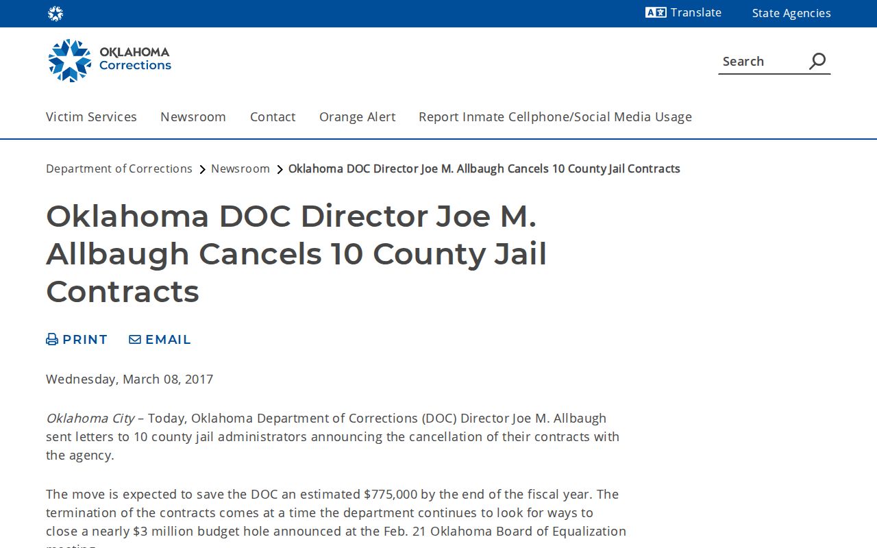ODOC notice about Roger Mills County Jail prisoner transfers